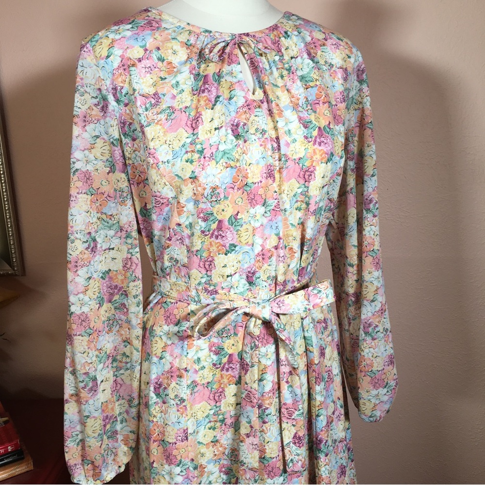 Vintage 60 70 Cottagecore Pastel Floral Peasant Midi Dress Poet sleeves - Picture 14 of 16
